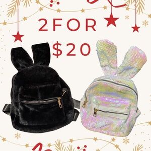 2/$20-NWT-White sequence, bunny, backpack. Black fuzzy bunny backpack.